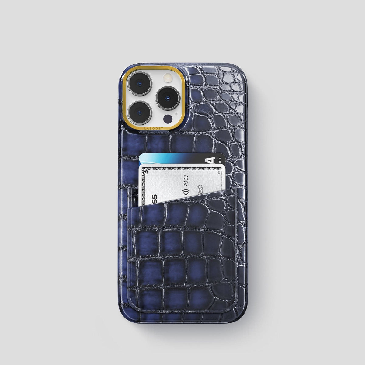 Havana-Blue iPhone 15 Pro Double Card Case Patina Alligator with Gold Metal -1 | Havana-Blue-Gold