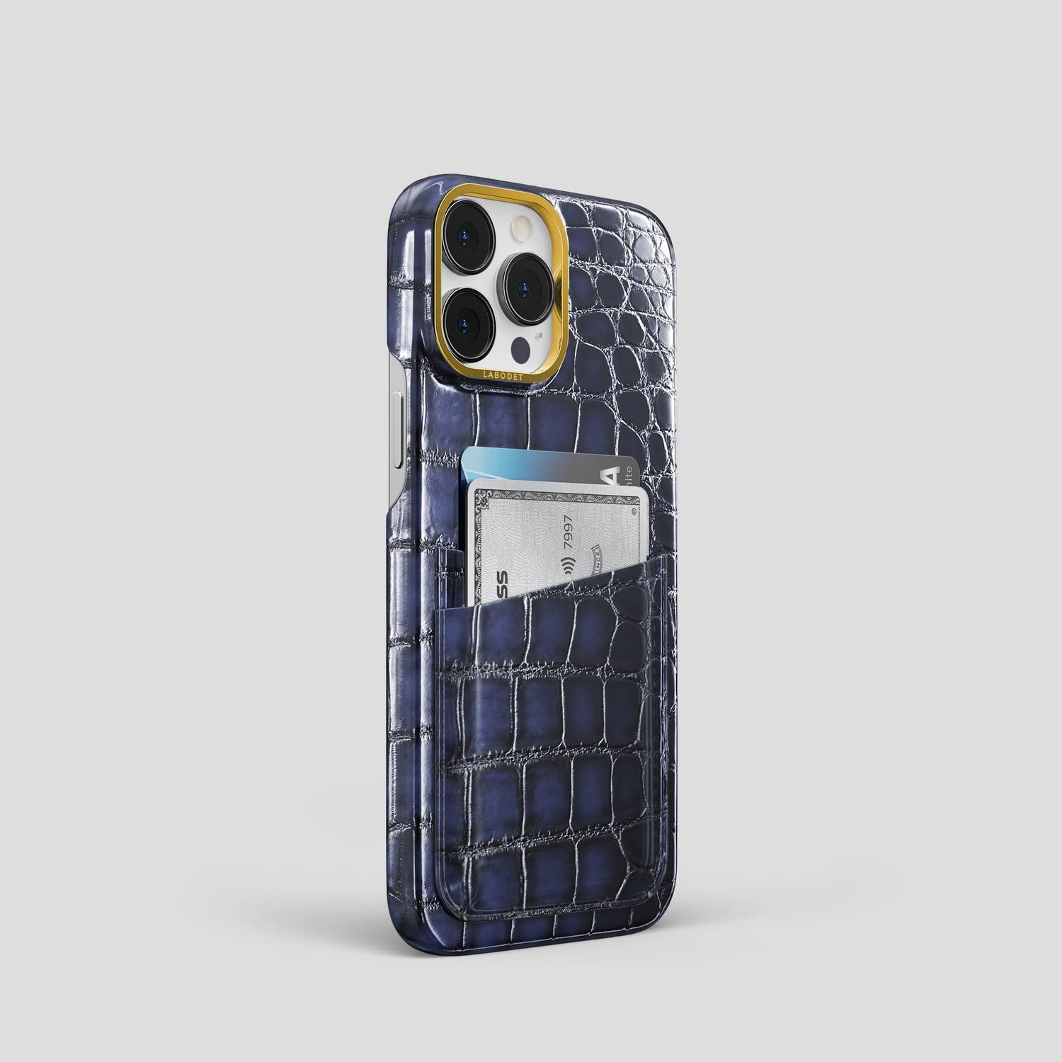 Havana-Blue iPhone 15 Pro Double Card Case Patina Alligator with Gold Metal -2 | Havana-Blue-Gold
