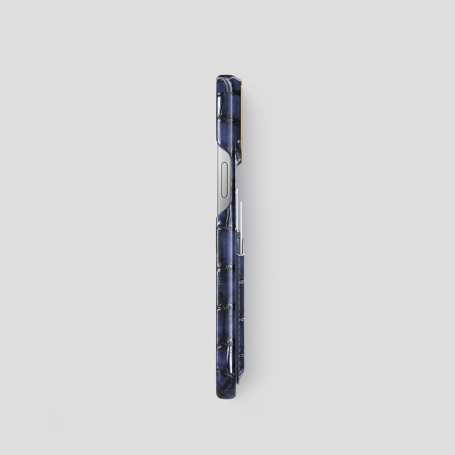 Havana-Blue iPhone 15 Pro Double Card Case Patina Alligator with Gold Metal -3 | Havana-Blue-Gold