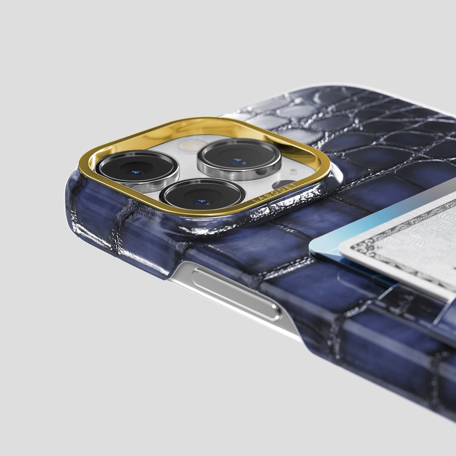 Havana-Blue iPhone 15 Pro Double Card Case Patina Alligator with Gold Metal -5 | Havana-Blue-Gold