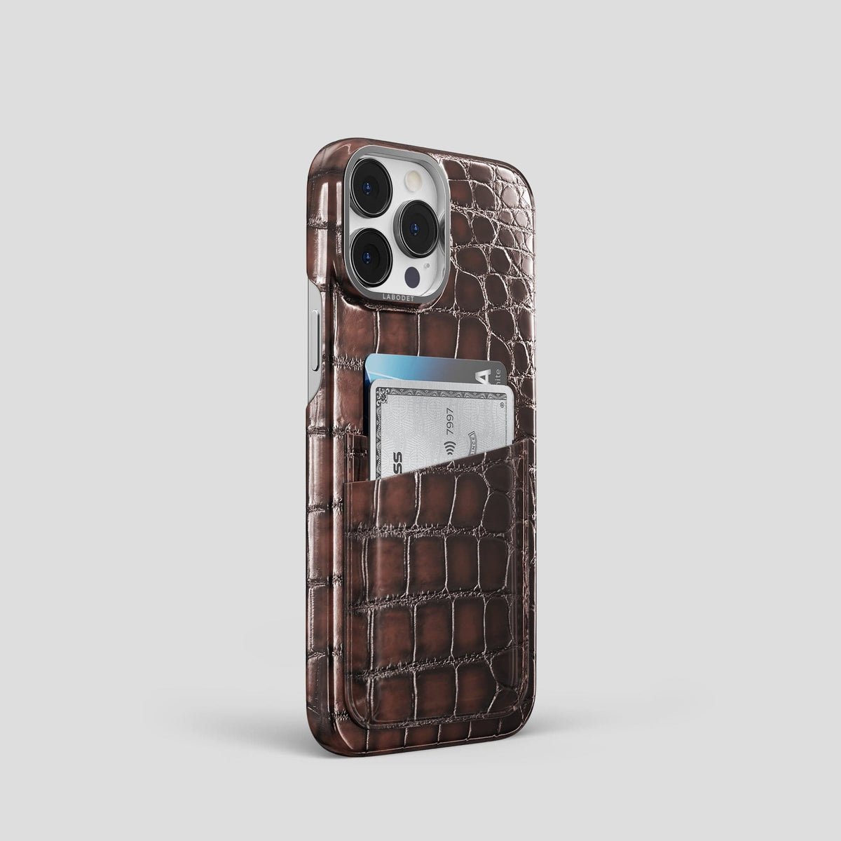 Havana-Brown iPhone 15 Pro Double Card Case Patina Alligator with Steel Metal -2 | Havana-Brown-Steel