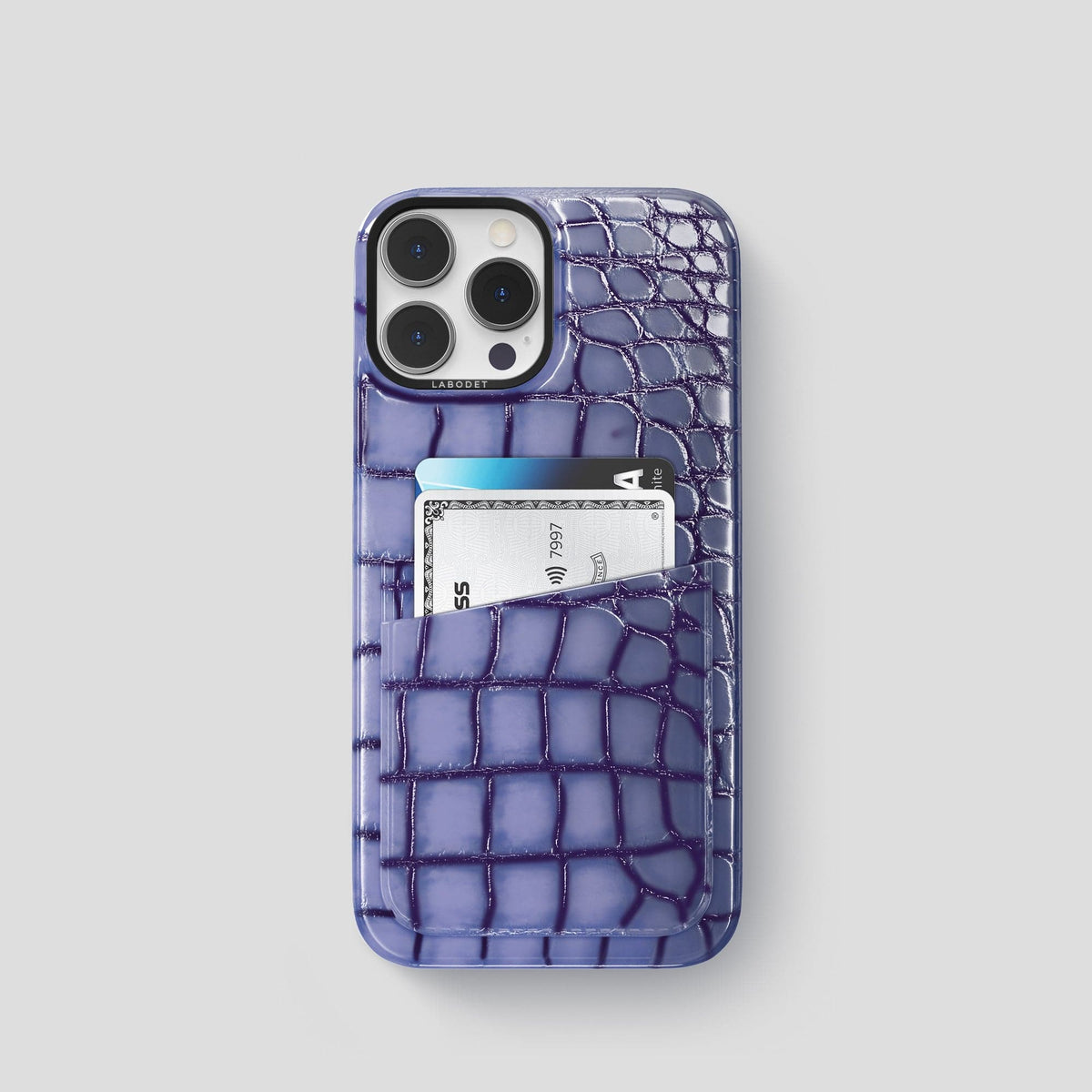 Lilac iPhone 15 Pro Double Card Case Patina Alligator with Black Metal -1 | Lilac-Black