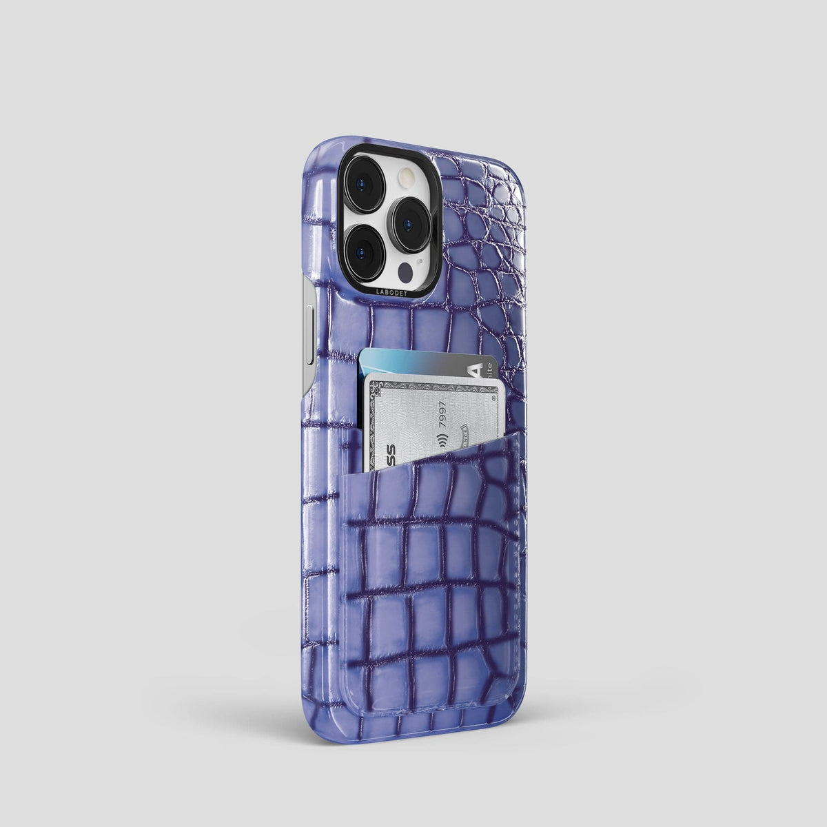 Lilac iPhone 15 Pro Double Card Case Patina Alligator with Black Metal -2 | Lilac-Black