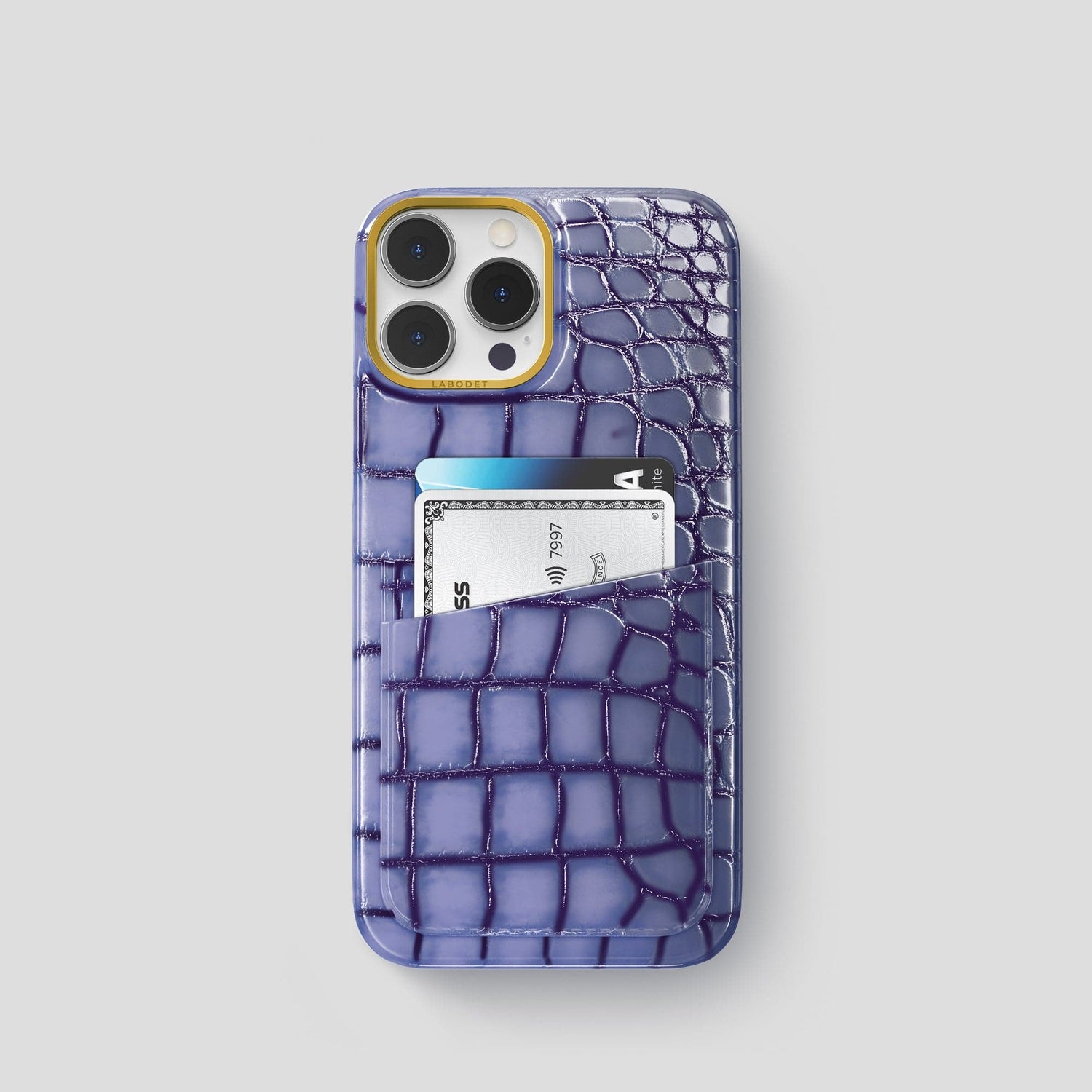 Lilac iPhone 15 Pro Double Card Case Patina Alligator with Gold Metal -1 | Lilac-Gold