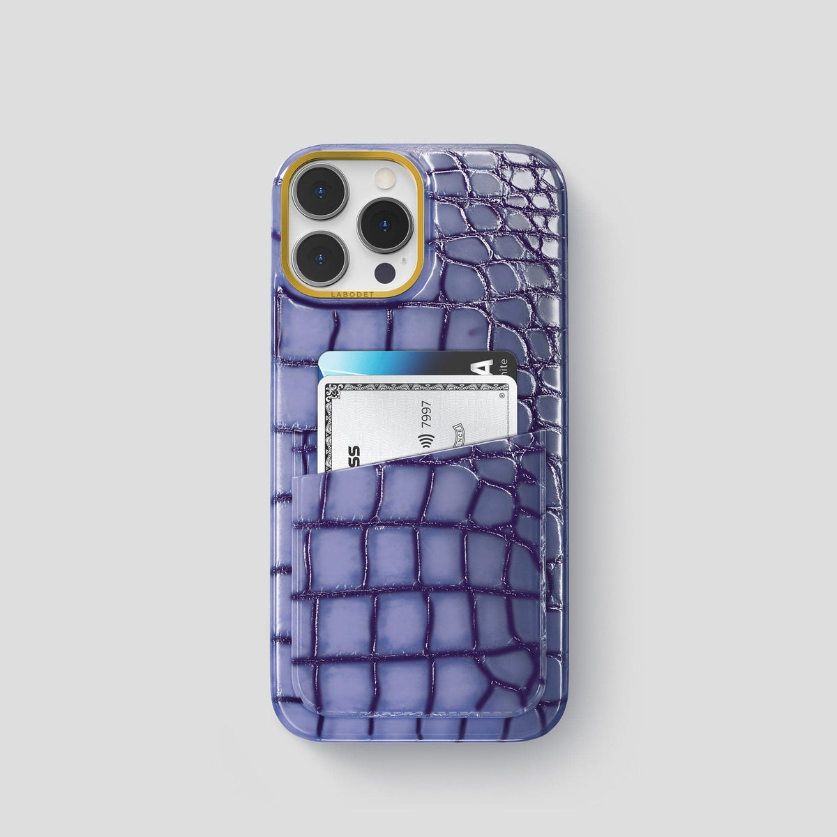 Lilac iPhone 15 Pro Double Card Case Patina Alligator with Gold Metal -1 | Lilac-Gold