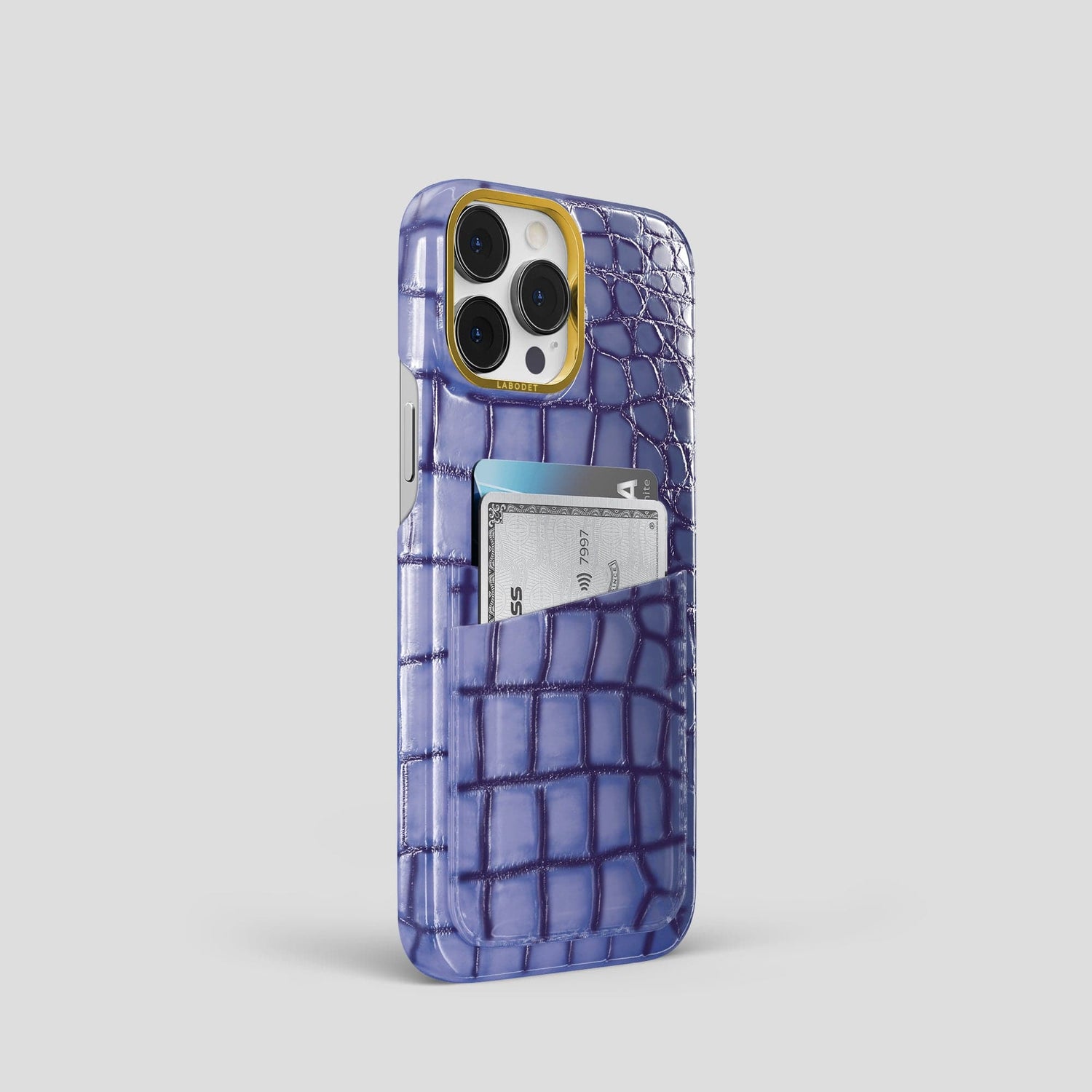 Lilac iPhone 15 Pro Double Card Case Patina Alligator with Gold Metal -2 | Lilac-Gold