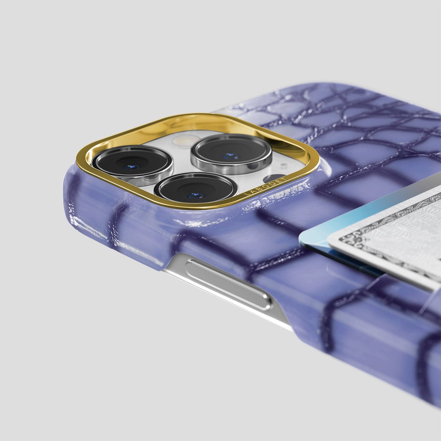 Lilac iPhone 15 Pro Double Card Case Patina Alligator with Gold Metal -5 | Lilac-Gold