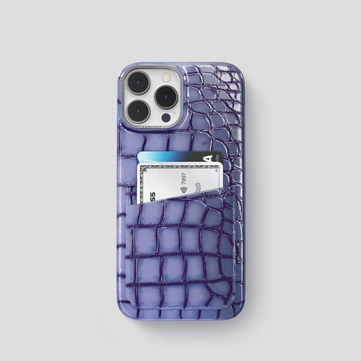 Lilac iPhone 15 Pro Double Card Case Patina Alligator with Steel Metal -1 | Lilac-Steel