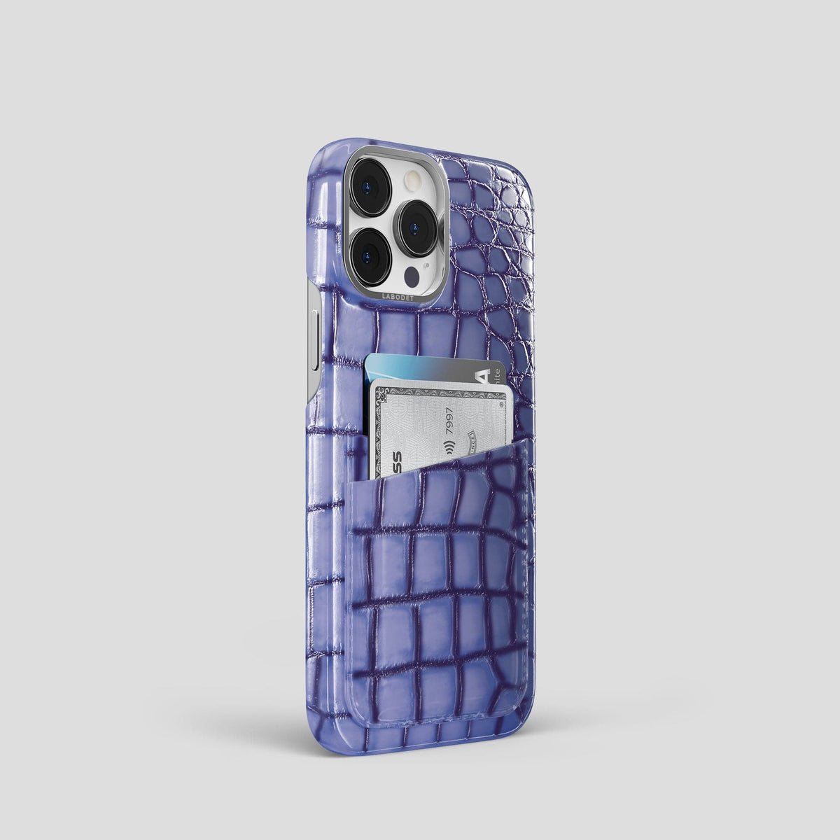 Lilac iPhone 15 Pro Double Card Case Patina Alligator with Steel Metal -2 | Lilac-Steel