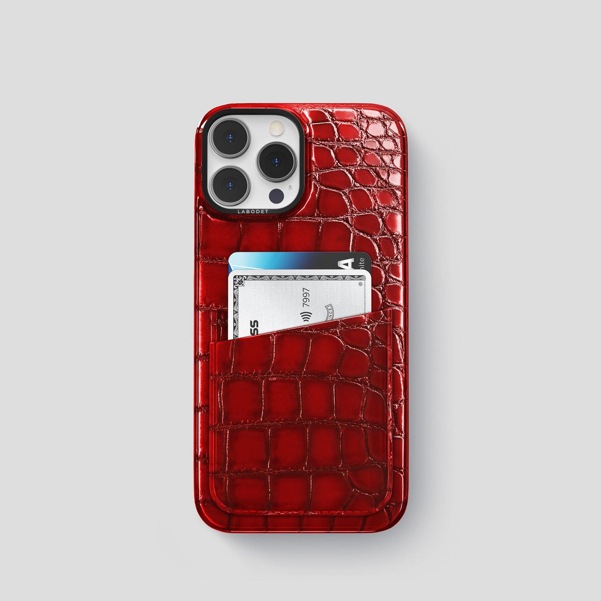 Burgundy iPhone 15 Pro Double Card Case Patina Alligator with Black Metal -1 | Burgundy-Black