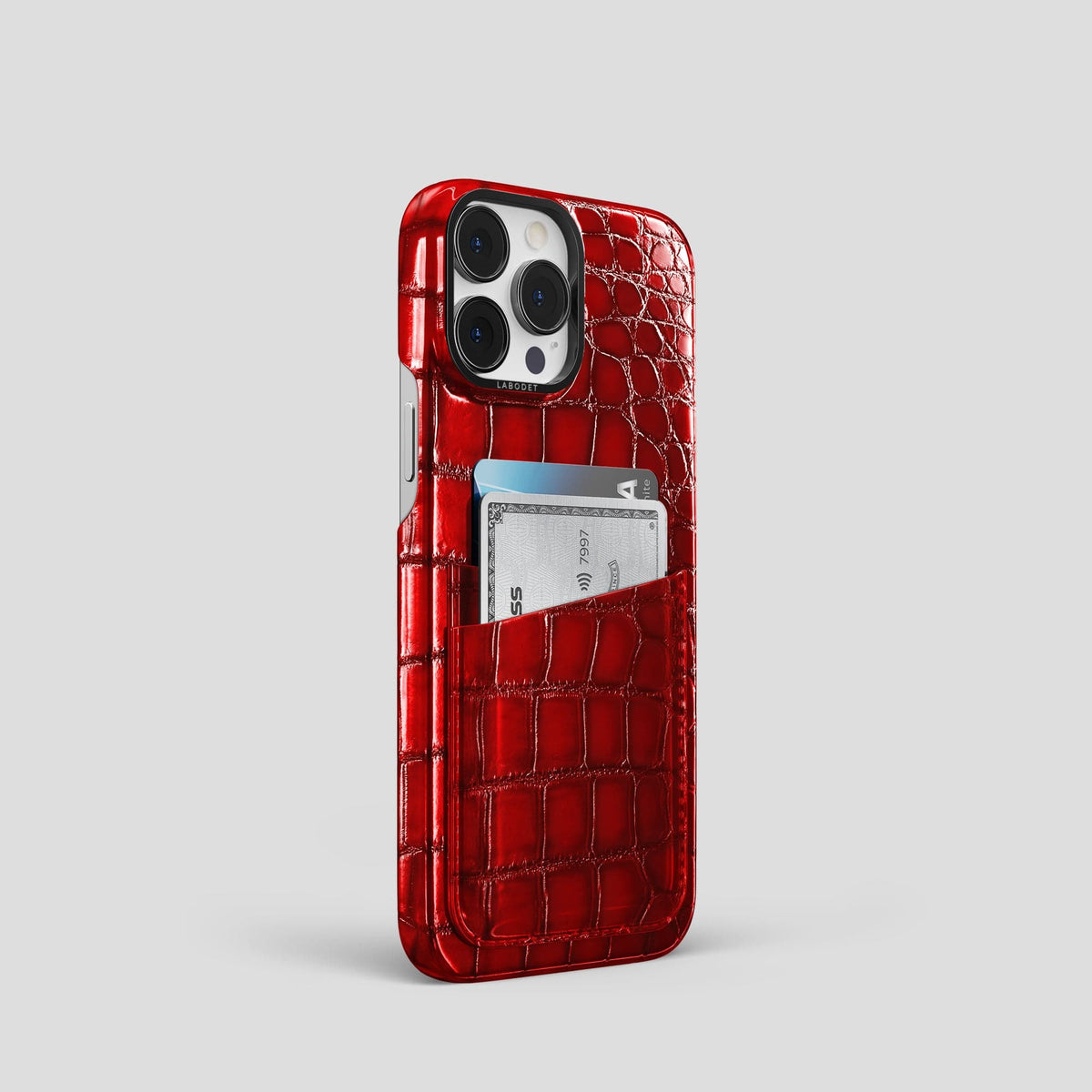 Burgundy iPhone 15 Pro Double Card Case Patina Alligator with Black Metal -2 | Burgundy-Black