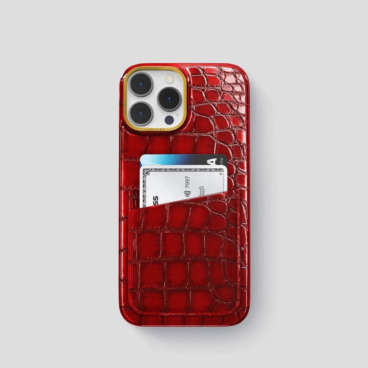 Burgundy iPhone 15 Pro Double Card Case Patina Alligator with Gold Metal -1 | Burgundy-Gold