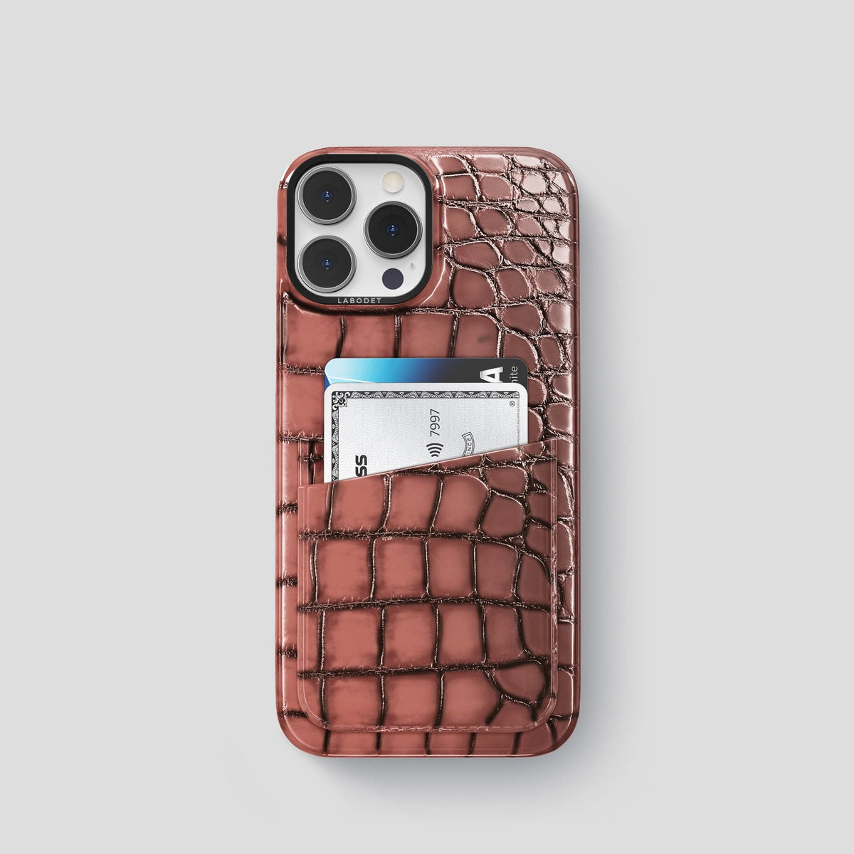 Wine-Sediment iPhone 15 Pro Double Card Case Patina Alligator with Black Metal -1 | Wine-Sediment-Black