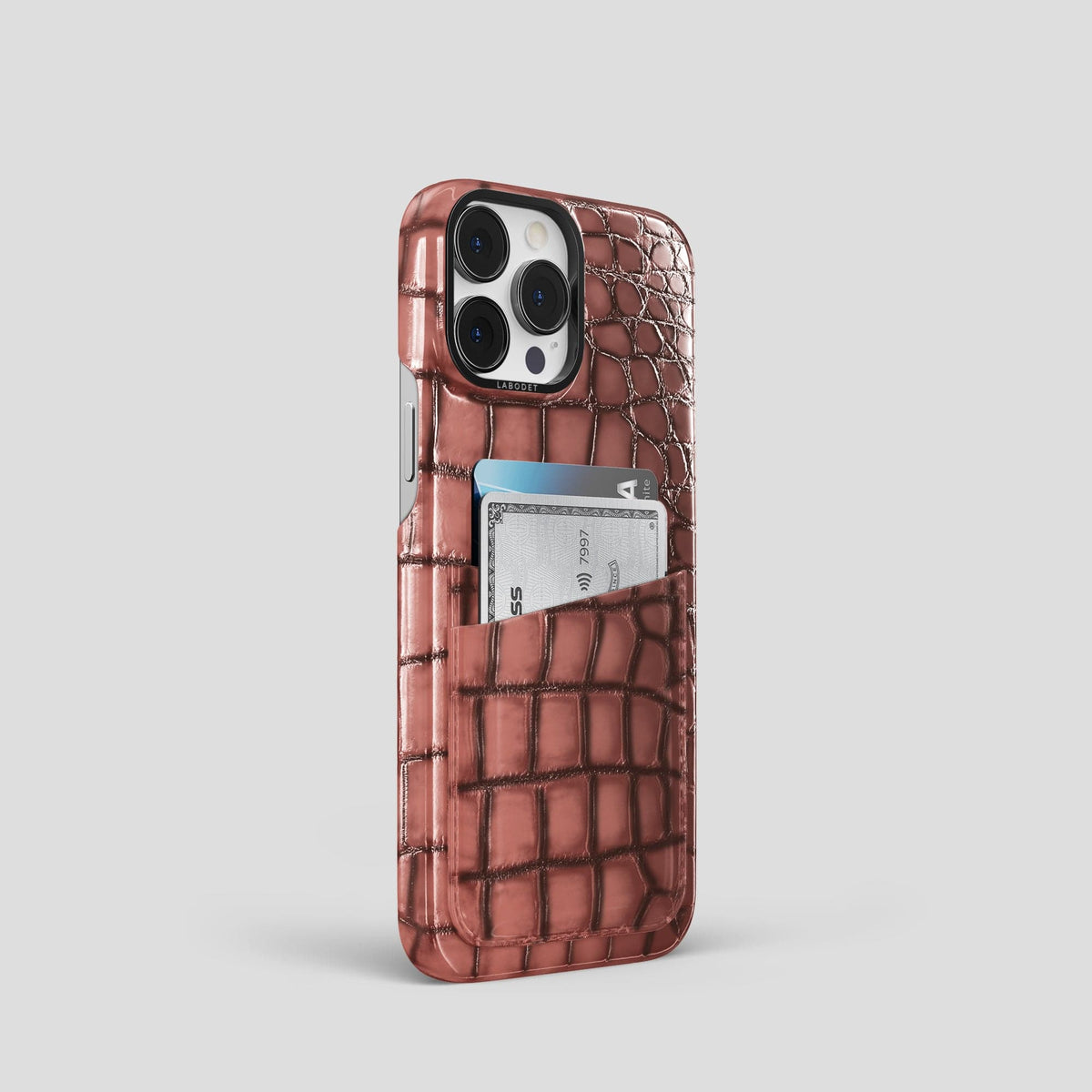 Wine-Sediment iPhone 15 Pro Double Card Case Patina Alligator with Black Metal -2 | Wine-Sediment-Black