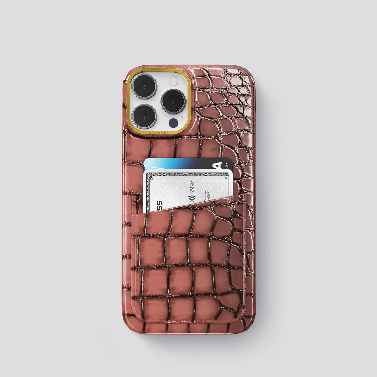 Wine-Sediment iPhone 15 Pro Double Card Case Patina Alligator with Gold Metal -1 | Wine-Sediment-Gold