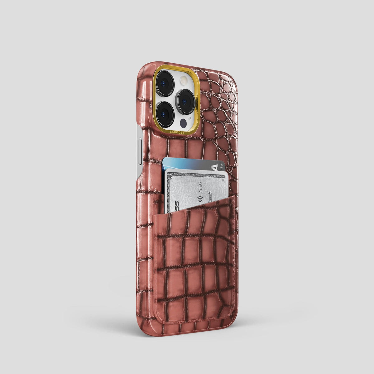Wine-Sediment iPhone 15 Pro Double Card Case Patina Alligator with Gold Metal -2 | Wine-Sediment-Gold