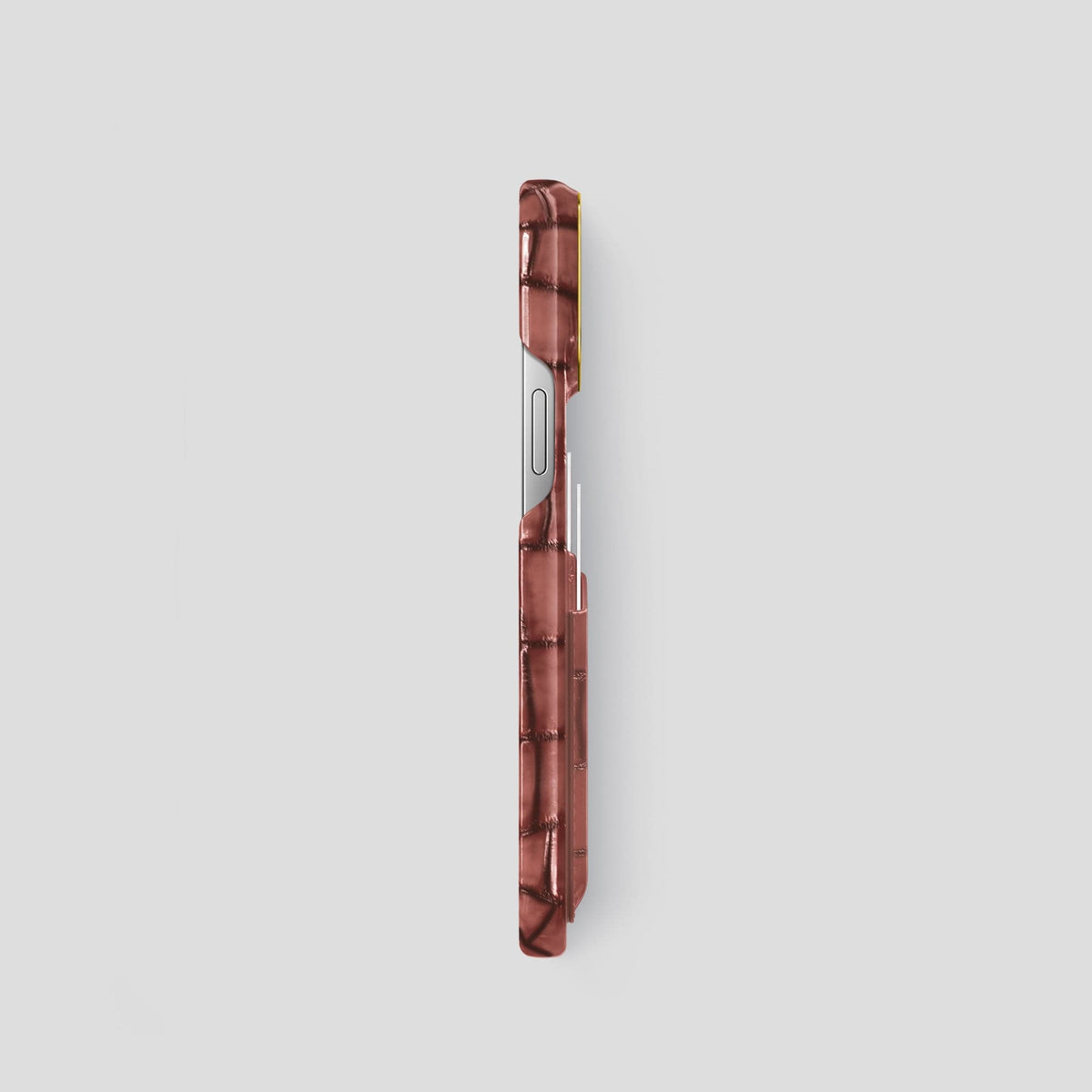 Wine-Sediment iPhone 15 Pro Double Card Case Patina Alligator with Gold Metal -3 | Wine-Sediment-Gold