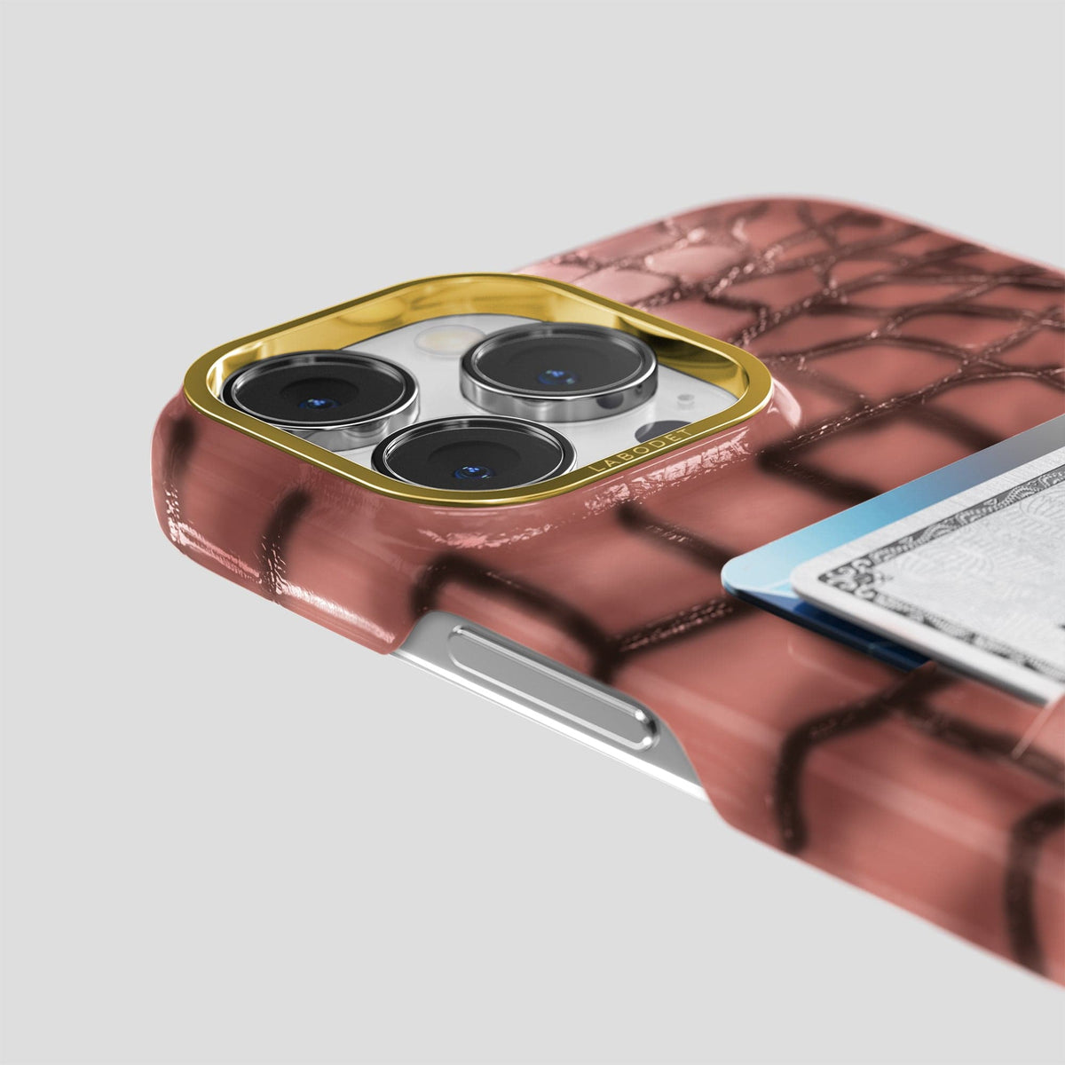Wine-Sediment iPhone 15 Pro Double Card Case Patina Alligator with Gold Metal -5 | Wine-Sediment-Gold