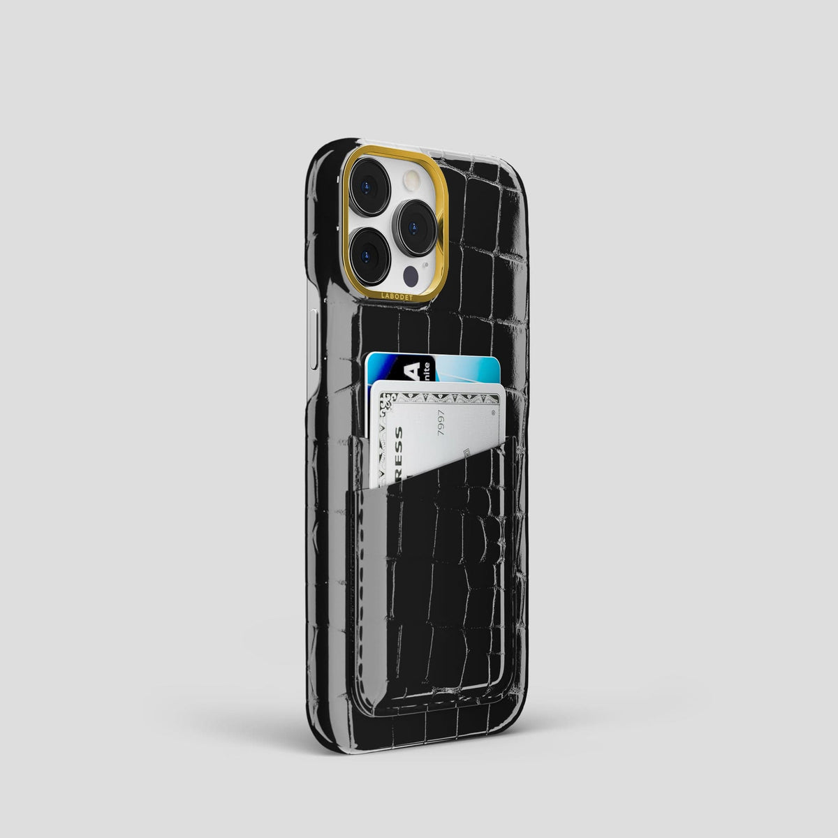 Black iPhone 14 Shiny Alligator with Gold Metal -2 | Black-Gold