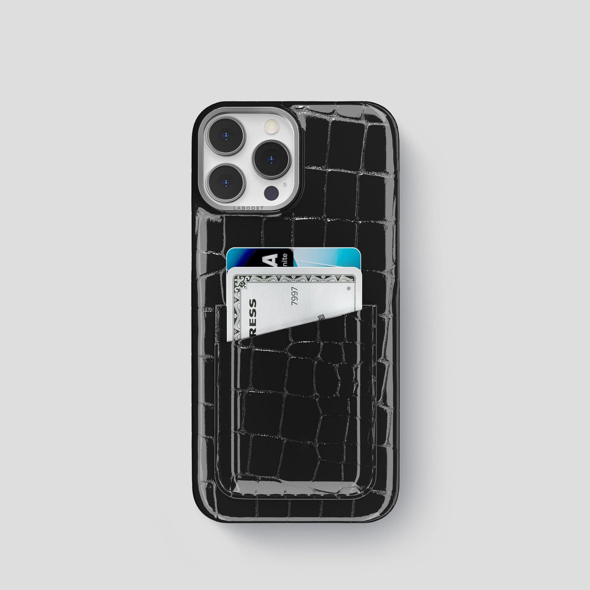 Black iPhone 14 Shiny Alligator with Steel Metal -1 | Black-Steel