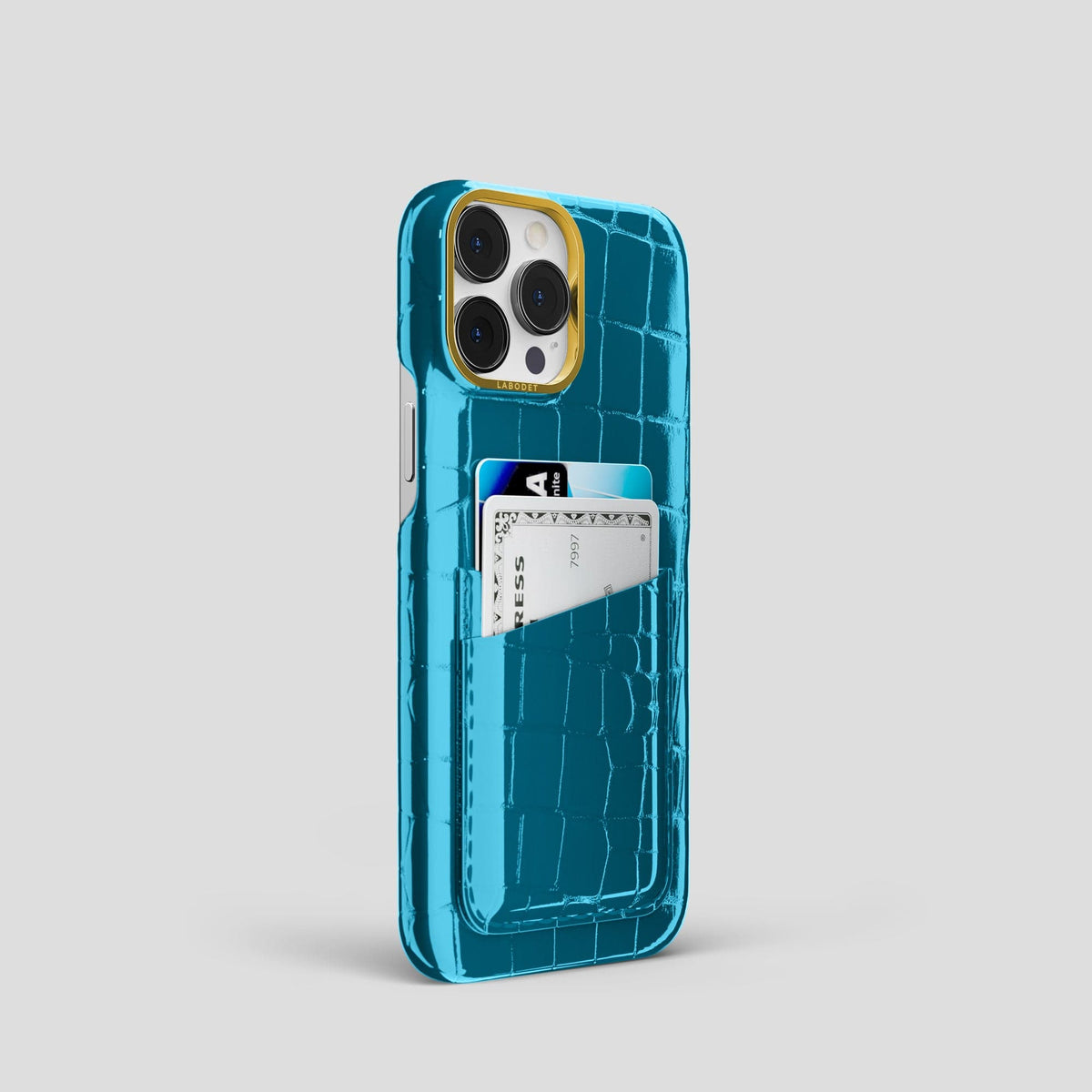 Blue iPhone 15 Pro Shiny Alligator with Gold Metal -2 | Blue-Gold