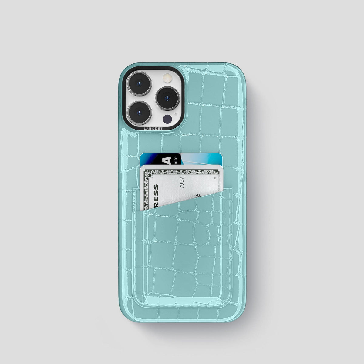 Light Blue iPhone 15 Pro Shiny Alligator with Black Metal -1 | Light-Blue-Black