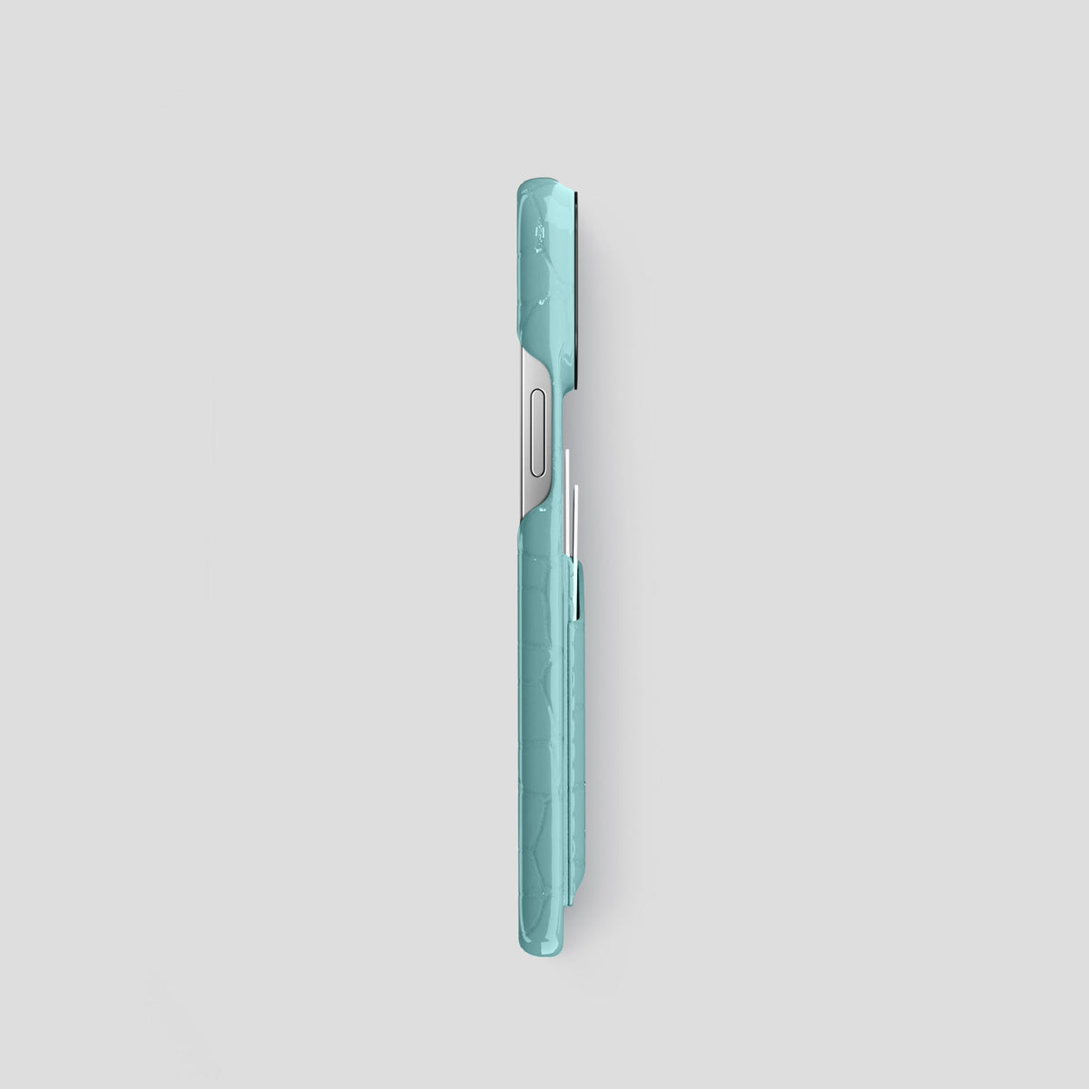 Light Blue iPhone 15 Pro Shiny Alligator with Black Metal -3 | Light-Blue-Black
