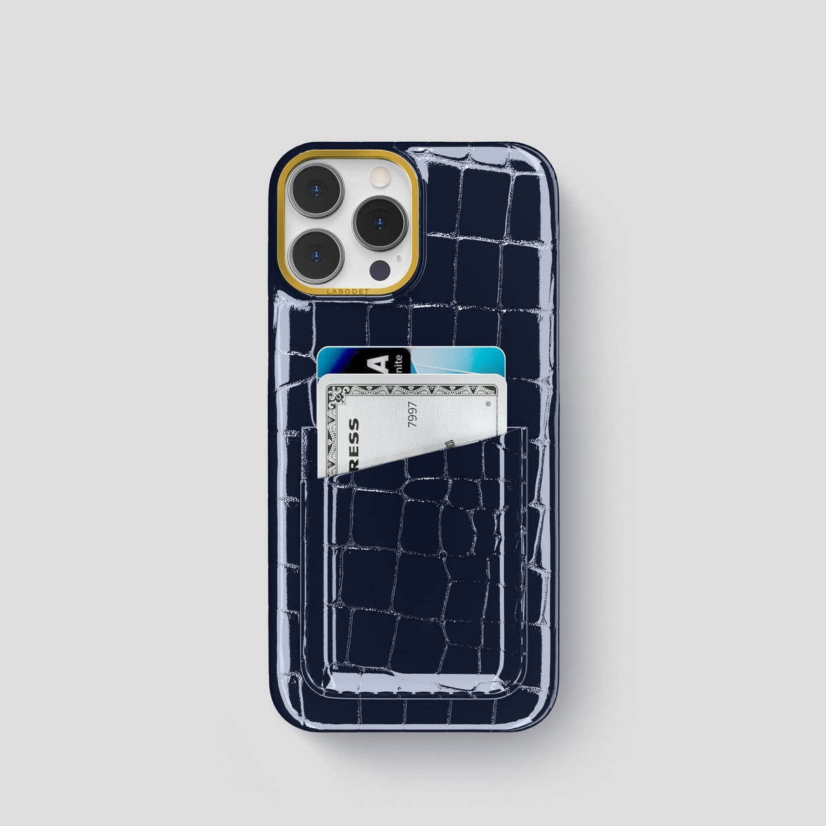 Navy-Blue iPhone 14 Shiny Alligator with Gold Metal -1 | Navy-Blue-Gold