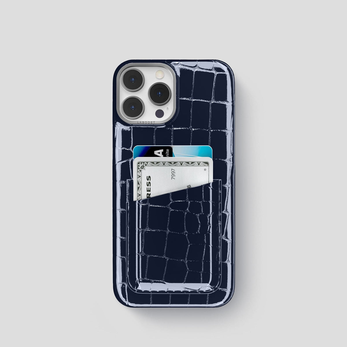 Navy-Blue iPhone 14 Shiny Alligator with Steel Metal -1 | Navy-Blue-Steel