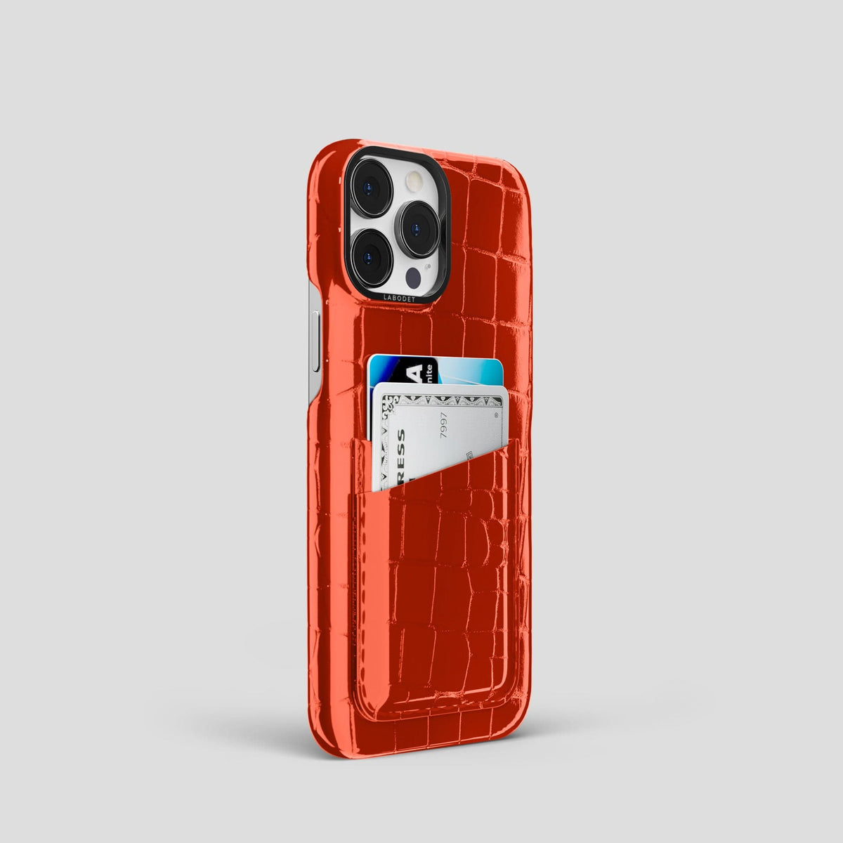 Orange iPhone 15 Pro Shiny Alligator with Black Metal -2 | Orange-Black