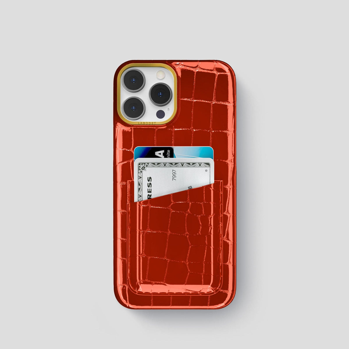 Orange iPhone 15 Pro Shiny Alligator with Gold Metal -1 | Orange-Gold