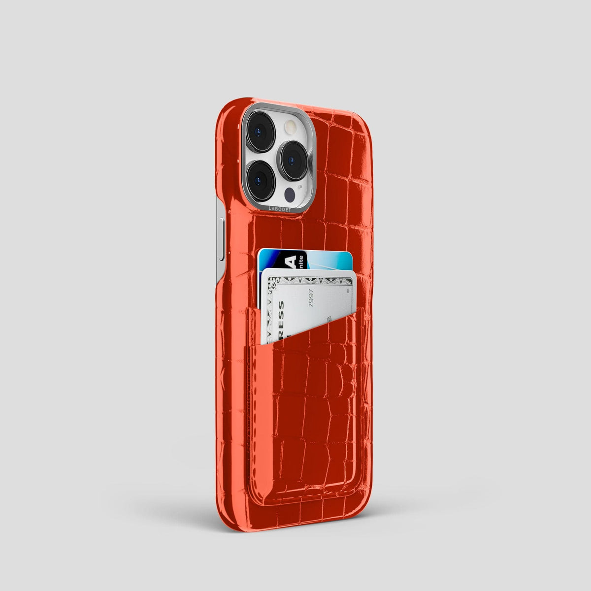 Orange iPhone 15 Pro Shiny Alligator with Steel Metal -2 | Orange-Steel