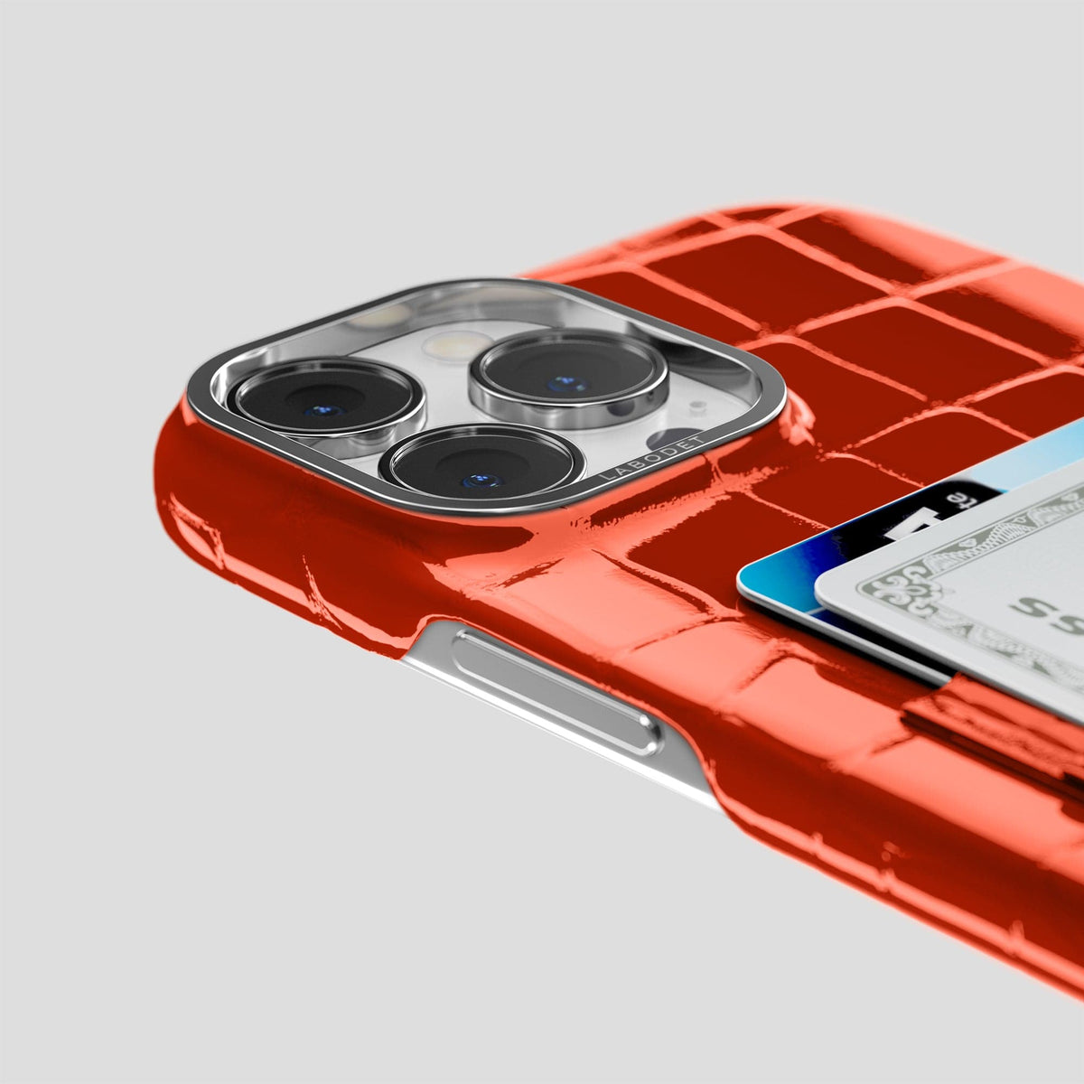 Orange iPhone 15 Pro Shiny Alligator with Steel Metal -5 | Orange-Steel