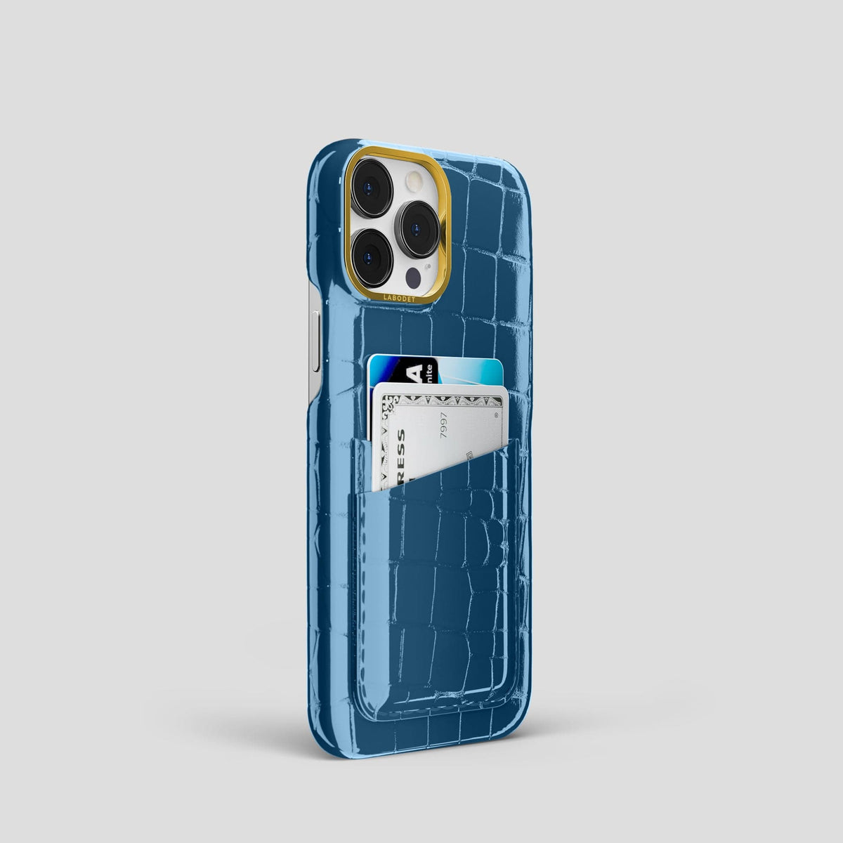 Turquoise-Blue iPhone 14 Shiny Alligator with Gold Metal -2 | Turqoise-Blue-Gold