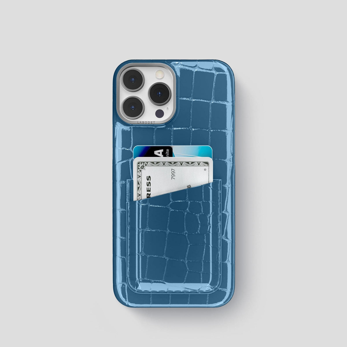 Turquoise-Blue iPhone 14 Shiny Alligator with Steel Metal -1 | Turqoise-Blue-Steel
