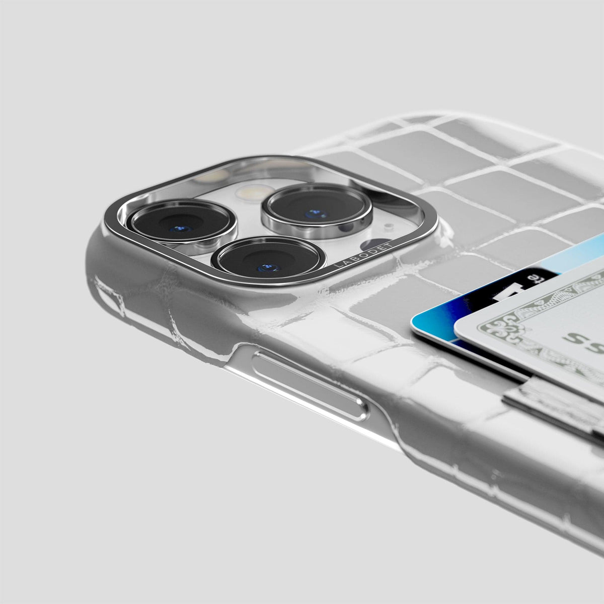 White iPhone 14 Shiny Alligator with Steel Metal -5 | White-Steel