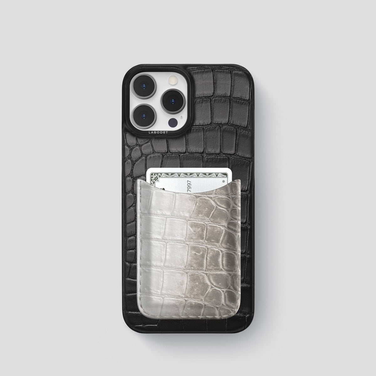 Black iPhone 15 Pro Double Card Case Alligator & Himalayan Crocodile with Black Metal -1 | Black-Black