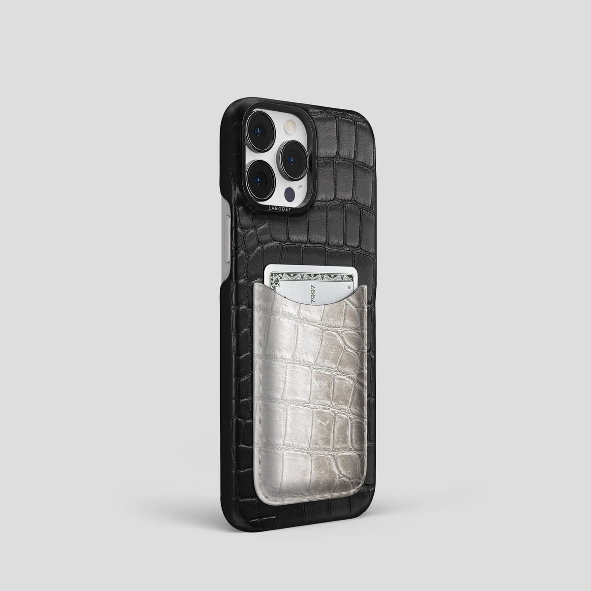 Grey iPhone 15 Pro Double Card Case Alligator & Himalayan Crocodile with Black Metal -2 | Black-BlackBlack iPhone 15 Pro Double Card Case Alligator & Himalayan Crocodile with Black Metal -2 | Black-Black