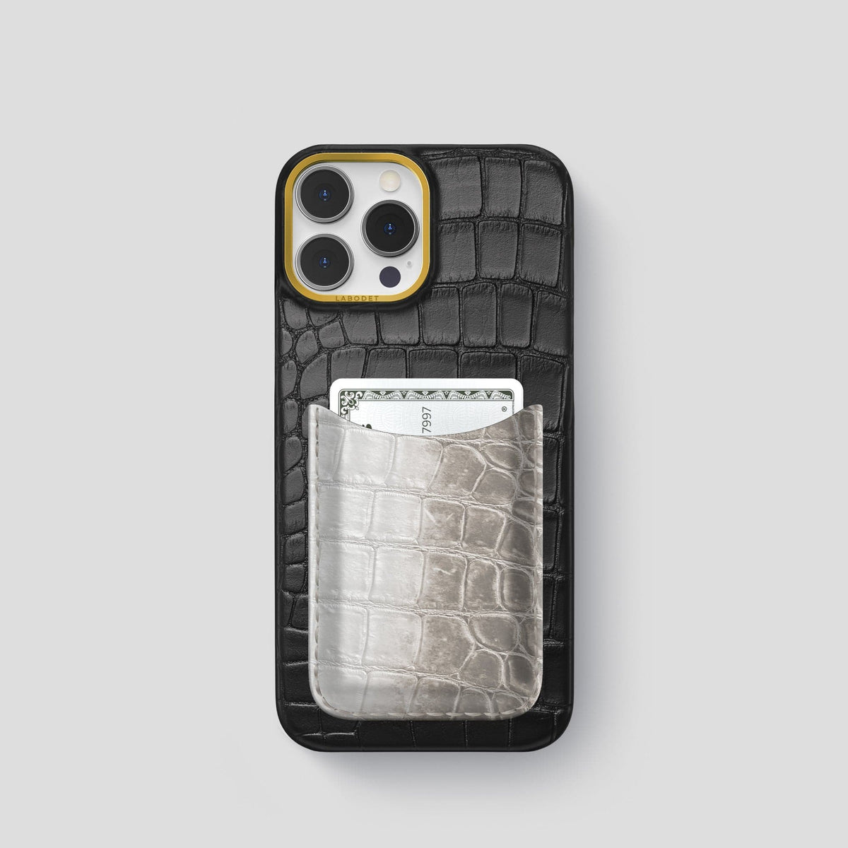Black iPhone 15 Pro Double Card Case Alligator & Himalayan Crocodile with Gold Metal -1 | Black-Gold
