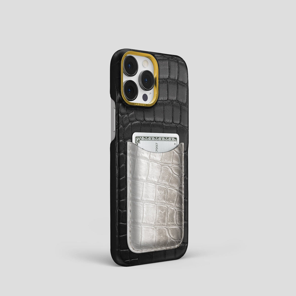 Black iPhone 15 Pro Double Card Case Alligator & Himalayan Crocodile with Gold Metal -2 | Black-Gold