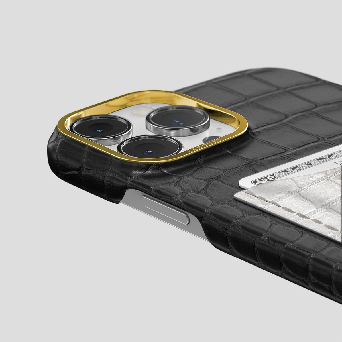 Black iPhone 15 Pro Double Card Case Alligator & Himalayan Crocodile with Gold Metal -5 | Black-Gold