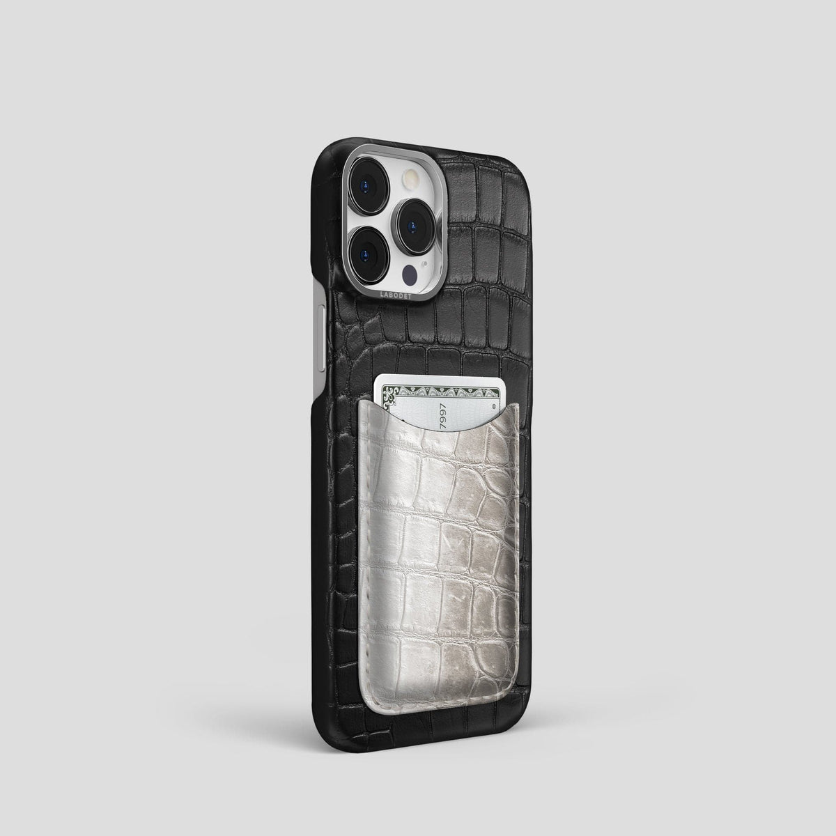 Black iPhone 15 Pro Double Card Case Alligator & Himalayan Crocodile with Steel Metal -2 | Black-Steel