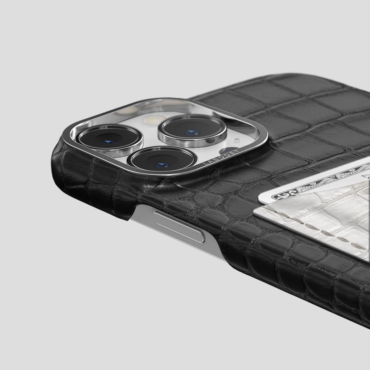 Black iPhone 15 Pro Double Card Case Alligator & Himalayan Crocodile with Steel Metal -5 | Black-Steel