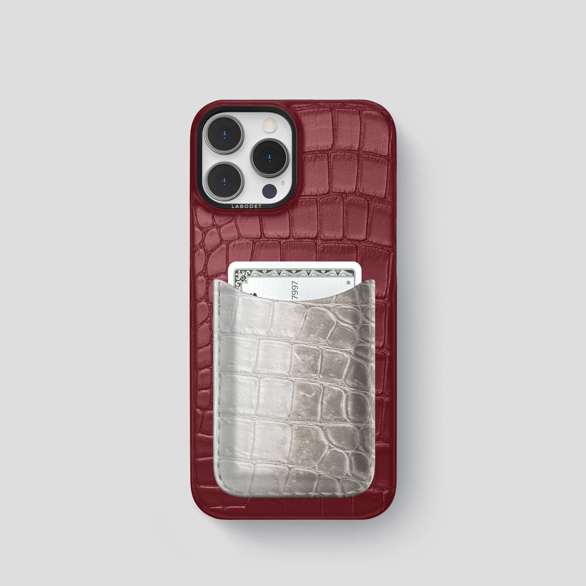 Burgundy iPhone 15 Pro Double Card Case Alligator & Himalayan Crocodile with Black Metal -1 | Burgundy-Black