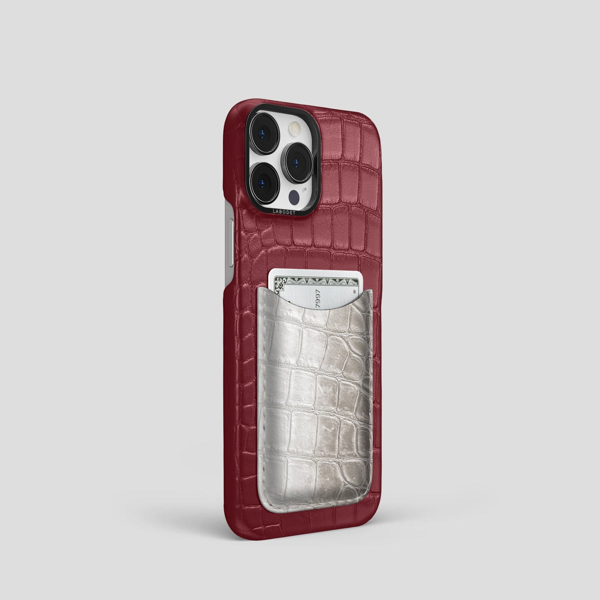 Burgundy iPhone 15 Pro Double Card Case Alligator & Himalayan Crocodile with Black Metal -2 | Burgundy-Black