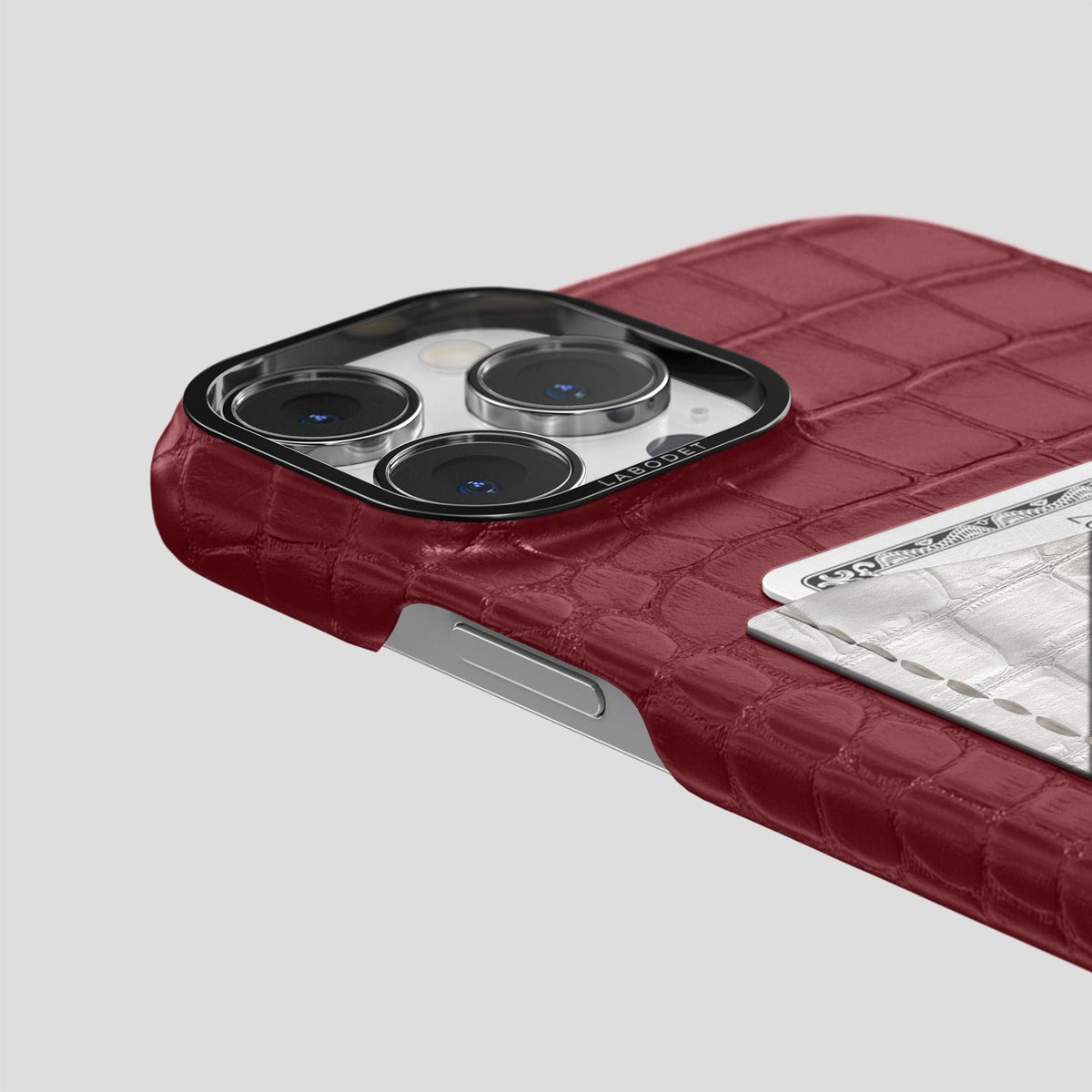 Burgundy iPhone 15 Pro Double Card Case Alligator & Himalayan Crocodile with Black Metal -5 | Burgundy-Black