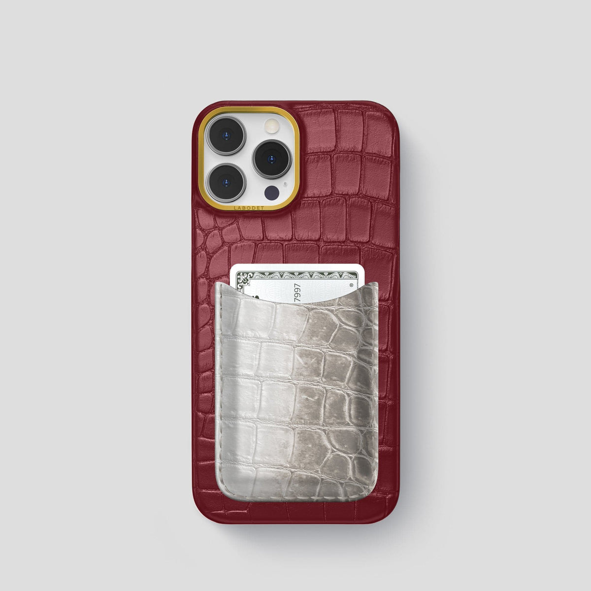 Burgundy iPhone 15 Pro Double Card Case Alligator & Himalayan Crocodile with Gold Metal -1 | Burgundy-Gold