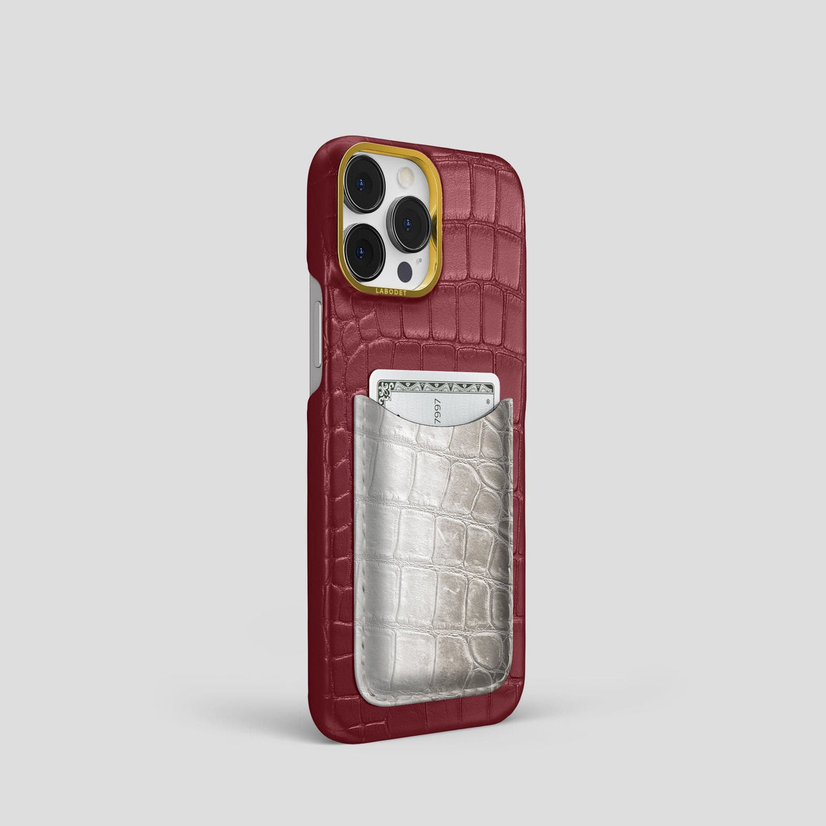 Burgundy iPhone 15 Pro Double Card Case Alligator & Himalayan Crocodile with Gold Metal -2 | Burgundy-Gold