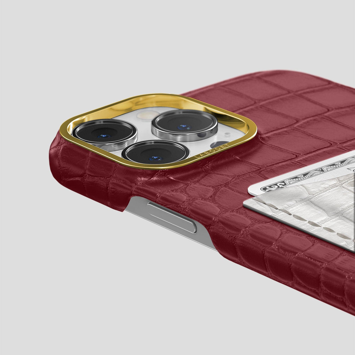 Burgundy iPhone 15 Pro Double Card Case Alligator & Himalayan Crocodile with Gold Metal -5 | Burgundy-Gold