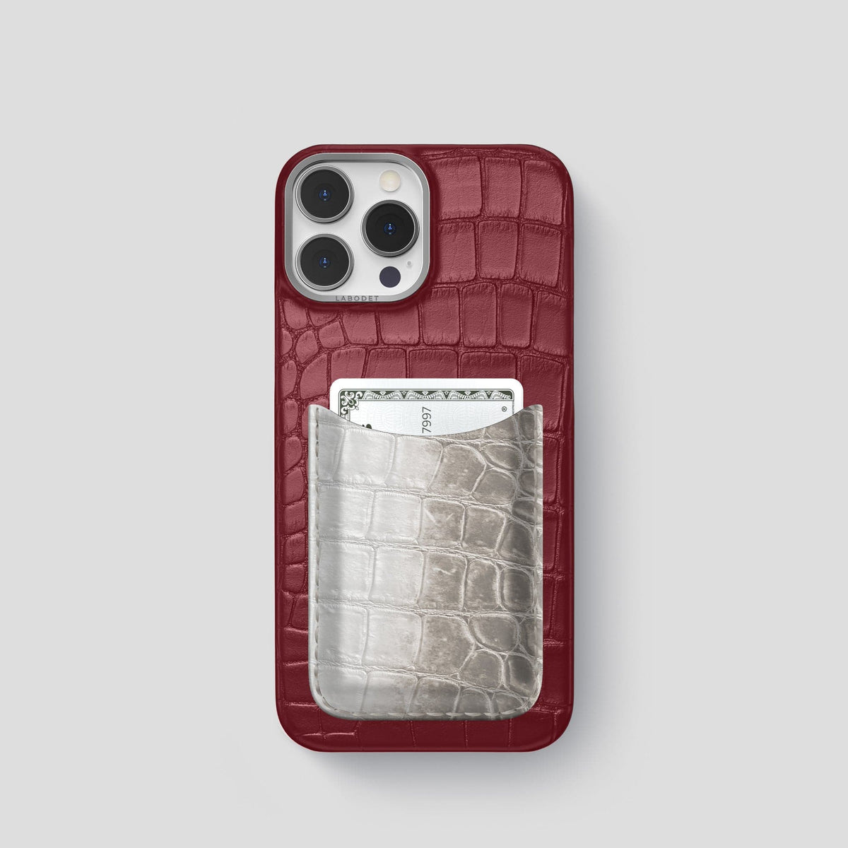 Burgundy iPhone 15 Pro Double Card Case Alligator & Himalayan Crocodile with Steel Metal -1 | Burgundy-Steel